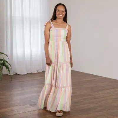 Colorful Stripes Tie Shoulder Maxi Dress - M