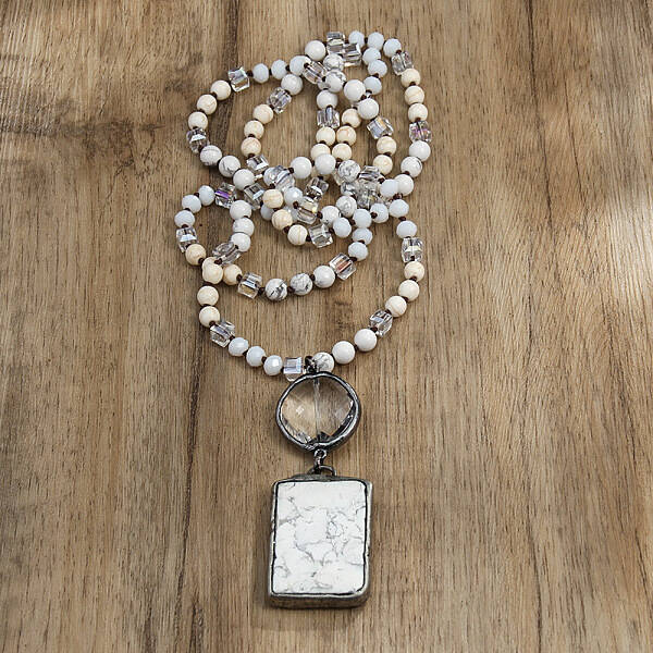 Rectangle & Flat Round Bohemian Style Natural Howlite with Glass Pendant Necklaces