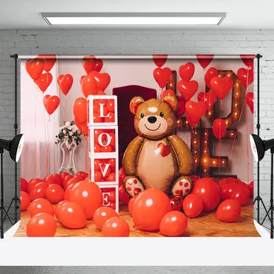 Red Balloons Bear Valentines Day Backdrop For Photo - Aperturee