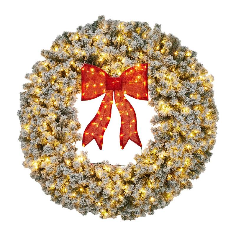 Garvee Pre-Lit Christmas Wreath with Bow, 60 Winter Artificial Wreath with Lighted Bow, Xmas Decoration for Indoor Outdoor ...