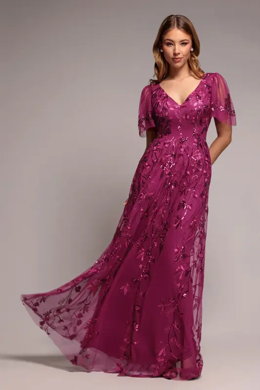 Goddiva Flared Sleeve Embroidered Maxi Dress - Magenta