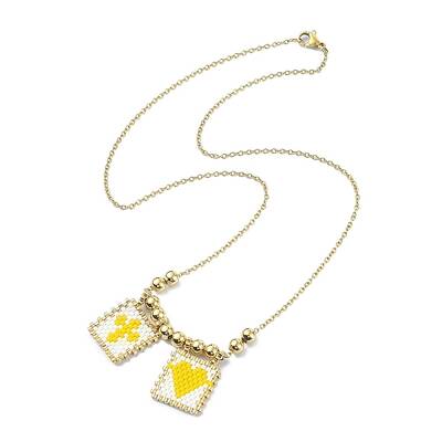 Rectangle with Cross & Heart Glass Seed Beaded Pendant Necklace