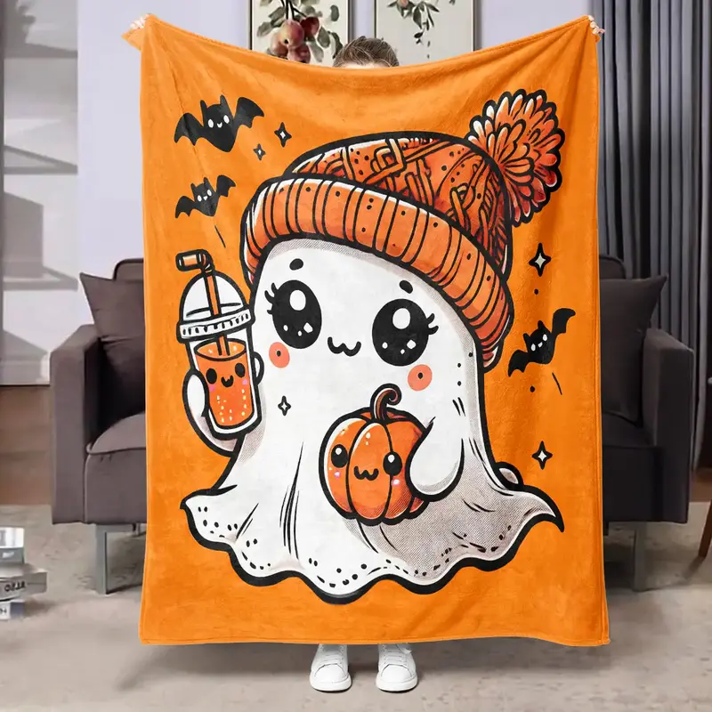Cute Ghost Pattern Blanket, 1 Count Soft Comfortable Warm Nap Throw Blanket, Halloween Decor Air-conditioned Room Blanket fo...