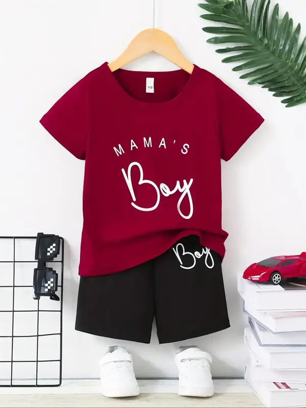 Two-piece Set Boy's Letter Print Short Sleeve Tee & Shorts, Casual Round Neck T-shirt & Shorts for Summer, Kids Clothes for D...