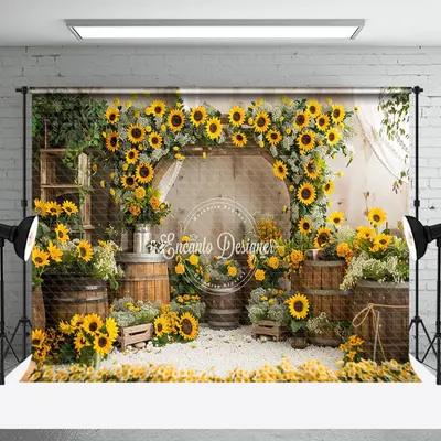 Retro Barrel Greenery Sunflower Cake Smash Backdrop