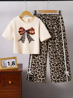 Toddler Girl's Leopard Print Bow Tee & Pants Two-Piece Set, Casual Round Neck Short Sleeve T-Shirt & Trousers for Summer, Kid...