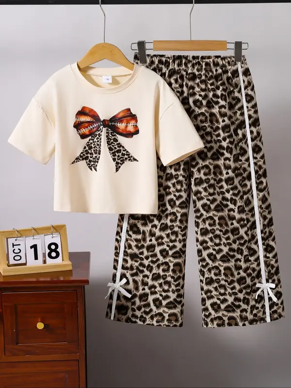 Toddler Girl's Leopard Print Bow Tee & Pants Two-Piece Set, Casual Round Neck Short Sleeve T-Shirt & Trousers for Summer, Kid...