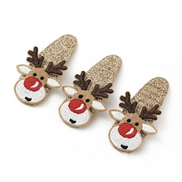 Christmas Deer Glitter Gretel Fabric with PU leather Snap Hair Clips