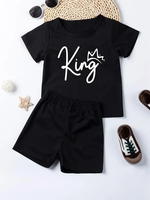 Toddler Boy's Letter Graphic Print Short Sleeve T-shirt & Elastic Waist Shorts Set, Casual Round Neck Tee & Shorts for Daily ...
