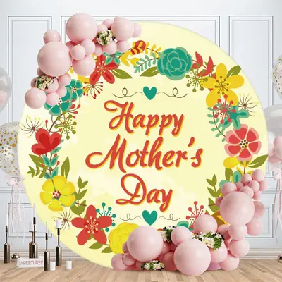 Aperturee Light Yellow Floral Round Happy Mothers Day Backdrop