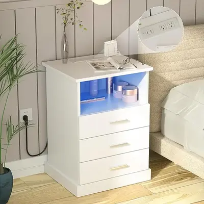 Vabches LED Nightstand with Charging Station, Side Table with 3 Drawers and Light, End Table with Open Storage, Beside Cabine...