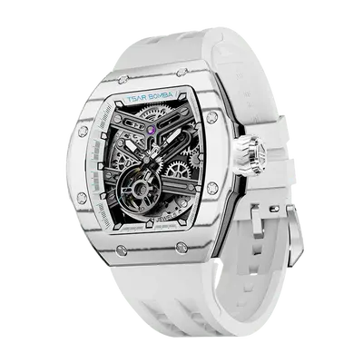 TSAR BOMBA Men's Automatic Skeleton Watch | Interchangeable Luxury Design | White | Atomic TB8218 | Carbon Fiber
