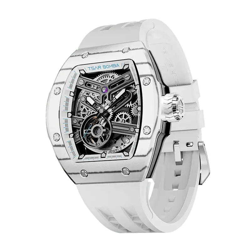 TSAR BOMBA Men's Automatic Skeleton Watch | Interchangeable Luxury Design | White | Atomic TB8218 | Carbon Fiber