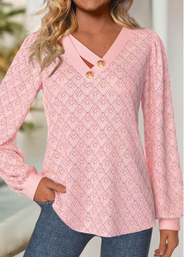 Modlily Light Pink Jacquard Long Sleeve V Neck T Shirt - XXL