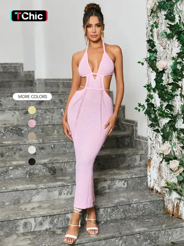 Women's Plain Cut Out Halter Neck Tie Back Bodycon Sweater Dress, Elegant Sexy Fashion Backless Knit Dress for Dating Party W...