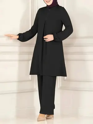 Women's Solid Contrast Sequin Long Sleeve Round Neck Top & Straight Leg Pants Two-piece Set, Elegant Fashion Casual Top & Tro...