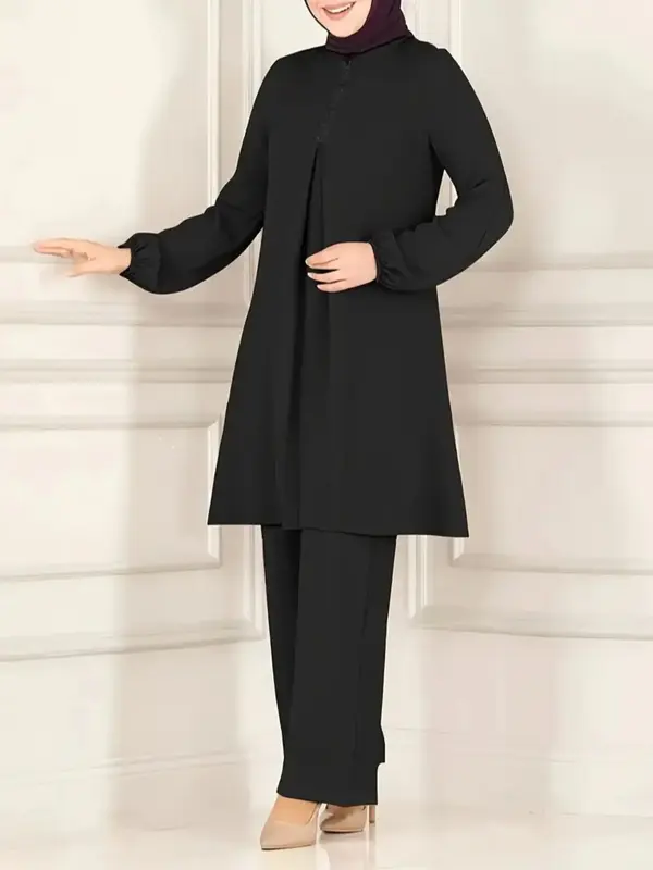 Women's Solid Contrast Sequin Long Sleeve Round Neck Top & Straight Leg Pants Two-piece Set, Elegant Fashion Casual Top & Tro...