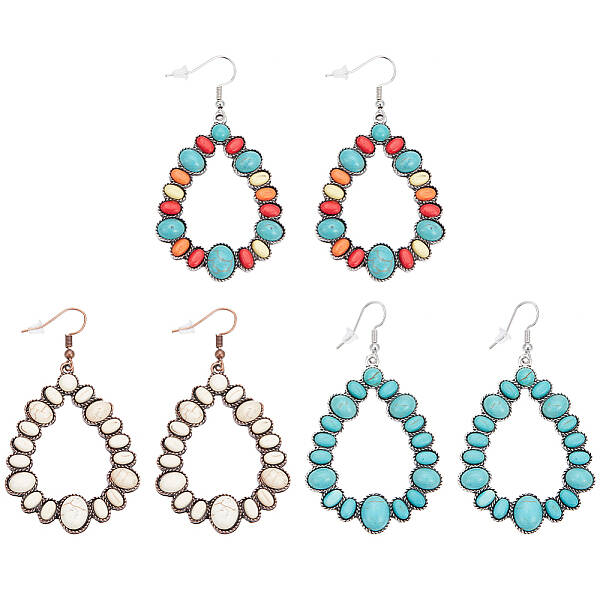 3 Pairs 3 Color Synthetic Turquoise Beaded Teardrop Dangle Earrings
