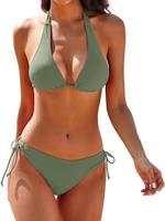 Women's Solid Color Bikini Set, Casual Halter Neck Tie Back Swim Top & High Cut Swim Bottom, Ladies Swimsuit for Beach Holida...