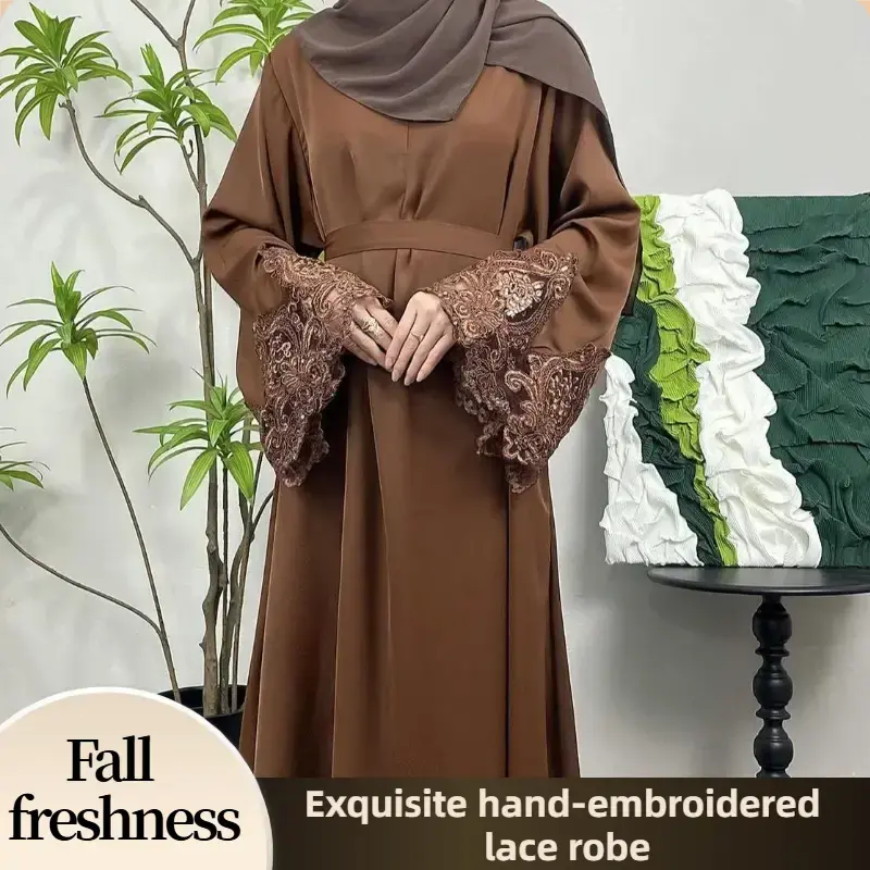 【FallFreshness】CL13 Lace design abaya, solid color abaya, Muslim robe, elegant and fashionable, exquisite luxury dress, e...