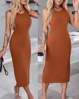 ChicMe Shapewear Dresses for Women Bodycon Built-in Bra Tank Sleeveless Crew Neck Slim Casual Ribbed Mid-calf Dress