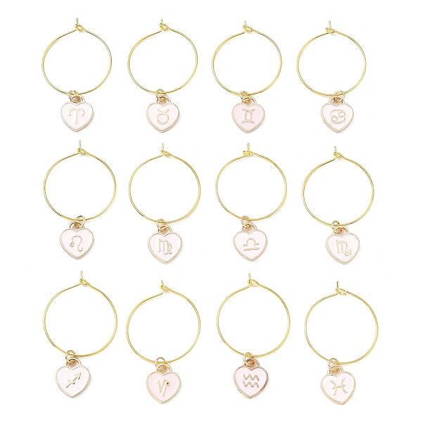 12Pcs Heart with Constellation Alloy Enamel Wine Glass Charms Sets