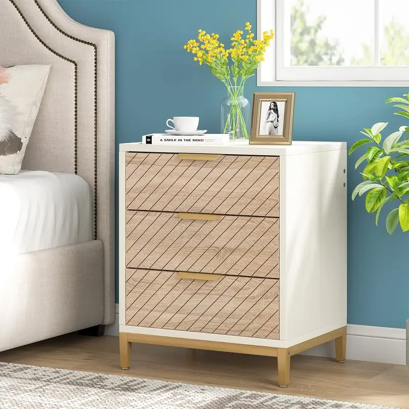 Tribesigns Nightstand with 3-Drawers, White and Gold Light Wood Grain for Bedrooms, 15.75\