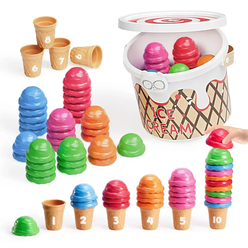 JoyCat Ice Cream Preschool Learning Activities Counting and Color Sorting Set Stacking Toys, Montessori Stacking Fine Motor S...
