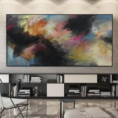 Large Colorful Wall Art Abstract Oil Painting Canvas Black Wall Art Textured Painting Contemporary Wall Art for Fireplace Wal...