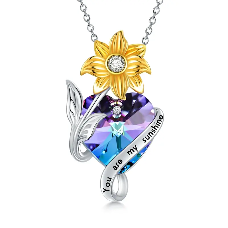 Sterling Silver Two-tone Sunflower & Heart Crystal Pendant Necklace with Engraved Word