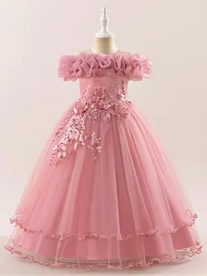 Girl's Cold Shoulder Faux Pearl Decor Bowknot Design Tiered Layer Dress, Elegant Floral Embroidering Short Sleeve Dress for P...