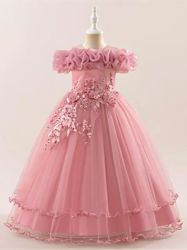 Girl's Cold Shoulder Faux Pearl Decor Bowknot Design Tiered Layer Dress, Elegant Floral Embroidering Short Sleeve Dress for P...