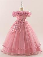 Girl's Cold Shoulder Faux Pearl Decor Bowknot Tiered Layer Dress, Elegant Floral Embroidering Dress for Party Performance Wed...