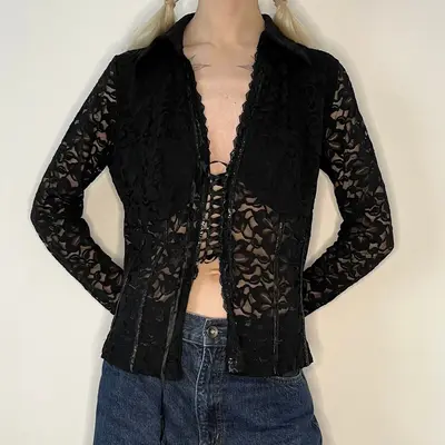 Wan Zi Lace Mesh Top - Medium Black Polyester