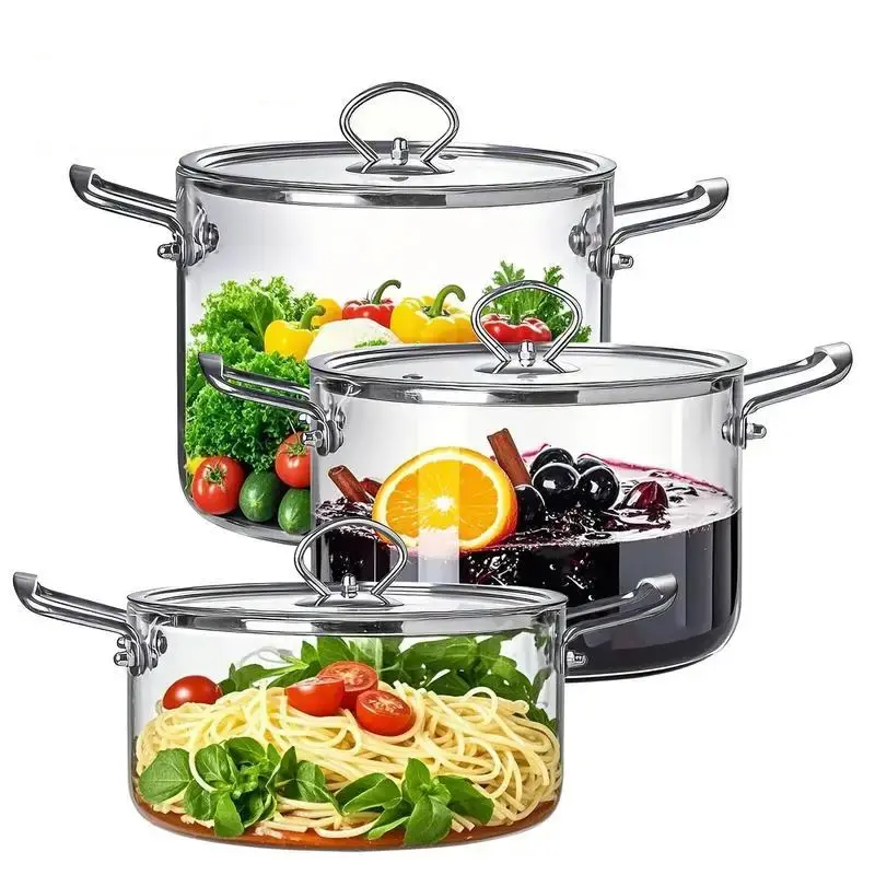 Large Capacity Glass Pot with Lid,1 Count Stainless Steel Handle Cookware,Clear Glass Pasta Pot, Cooking Pot for Home Kitchen