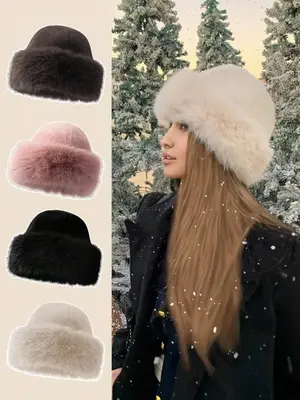 Women's Elegant Solid Color Bucket Hat, 2024 New Style Trendy Fuzzy Warm Hat, Chic All-match Accessories for Fall & Winter fo...