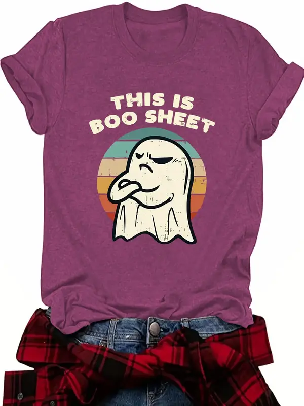 Women's Cartoon Ghost & Letter Print Round Neck Tee, Fashion Casual Crew Neck T-Shirt for Daily Holiday Vacation Outdoor Wear...