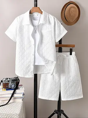 Two-Piece Set Boy's Short Sleeve Shirt & Elastic Waist Shorts Set, Casual Summer Outfits Clothes for Kids, Kid's Clothing