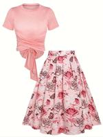 Women's Plain Top & Floral Print High Waist Skirt Two-piece Set, Casual Fashion Cozy Top & Skirt for Daily Outdoor Wear, Ladi...