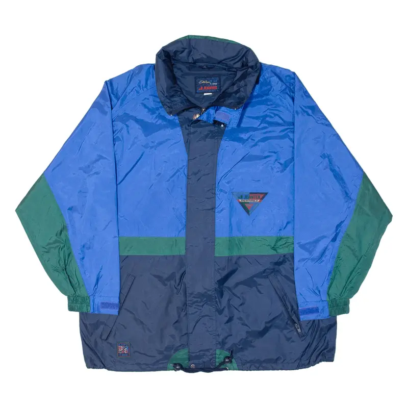 JEANTEX Mens Rain Jacket Blue 90s Hooded Colourblock L