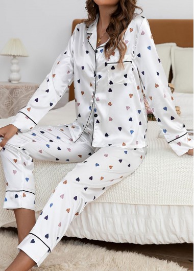 Modlily White Heart Print Long Sleeve Lounge Top and Pants - L