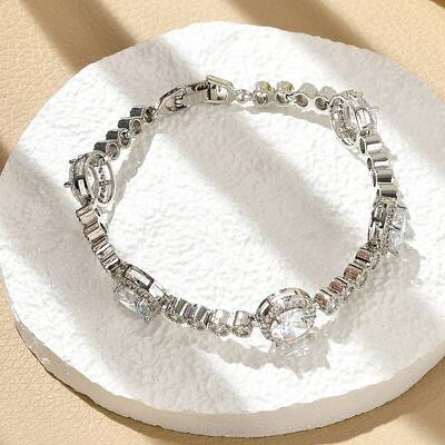 Flat Round Brass Micro Pave Cubic Zirconia Link Chain Bracelets