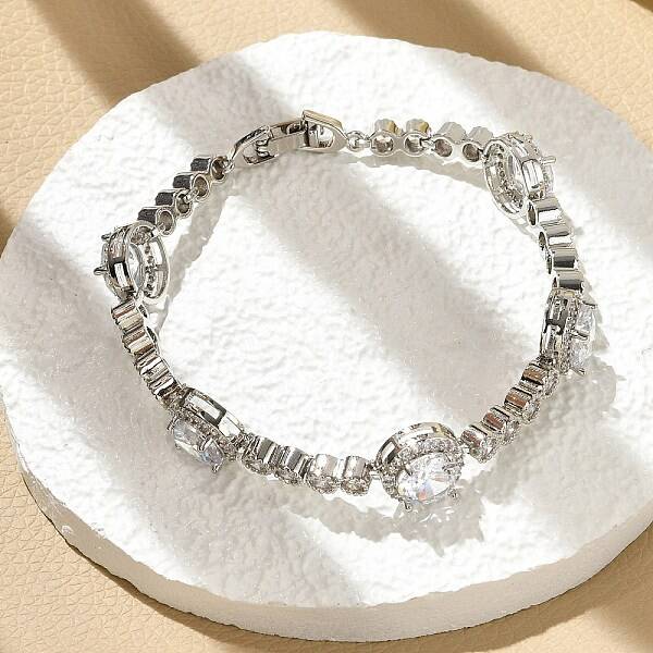Flat Round Brass Micro Pave Cubic Zirconia Link Chain Bracelets