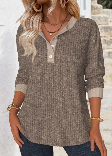 Modlily Gray Brown Tummy Coverage Long Sleeve Split Neck Sweatshirt - XXL