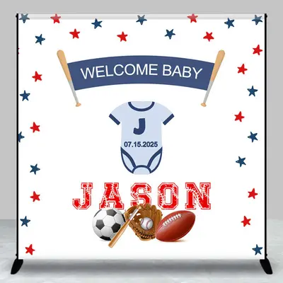 White Balls Stars Custom Name Baby Shower Backdrop