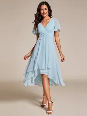 EVER PRETTY  Fall Women's High-Low Hem Dress with Flutter Sleeves Surplice V-Neck ,Chiffon for Wedding Guest dress,  Cocktail...