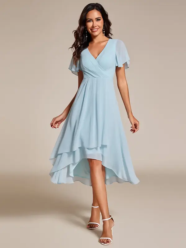 EVER PRETTY  Fall Women's High-Low Hem Dress with Flutter Sleeves Surplice V-Neck ,Chiffon for Wedding Guest dress,  Cocktail...