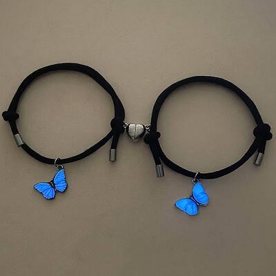 Alloy Luminous Butterfly & Heart Magnetic Adjustable Leather Bracelet Couples Accessories