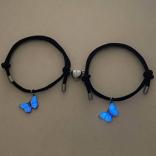 Alloy Luminous Butterfly & Heart Magnetic Adjustable Leather Bracelet Couples Accessories