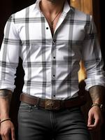 Men's Plaid Print Button Closure Shirt, Regular Fit Casual Long Sleeve Collared Top for All Seasons, Men's Clothes for Daily ...
